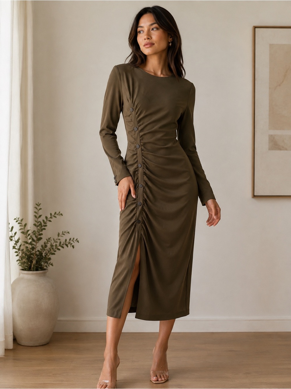 Zara Olive Midi Dress with Ruched Button Front